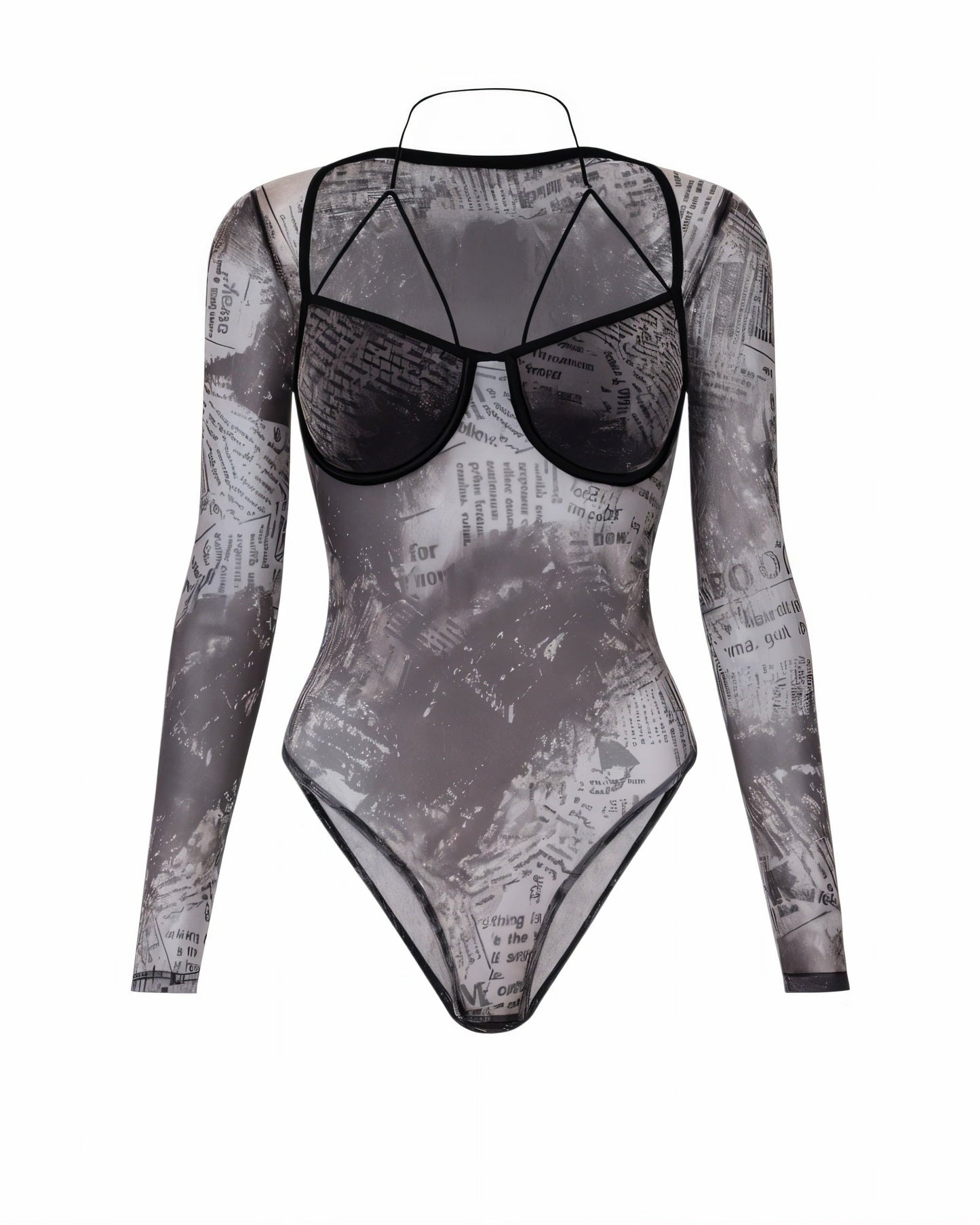 Newspaper Print Mesh Harness Bodysuit