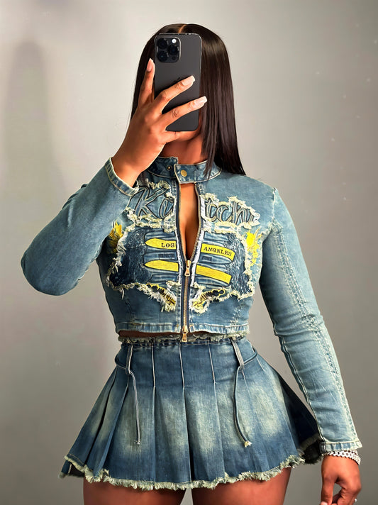 Cropped Denim Jacket & Pleated Mini Skirt Set