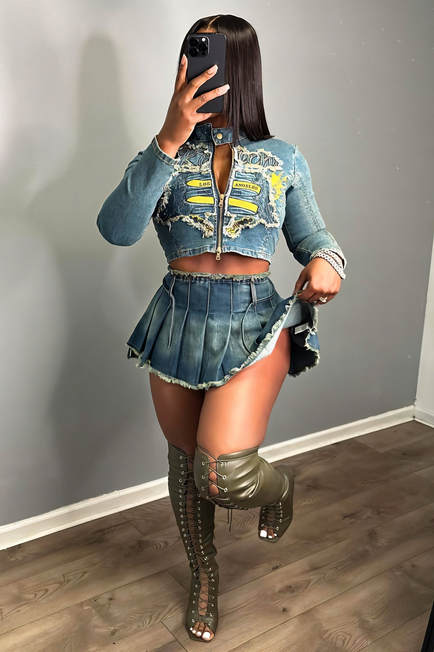 Cropped Denim Jacket & Pleated Mini Skirt Set