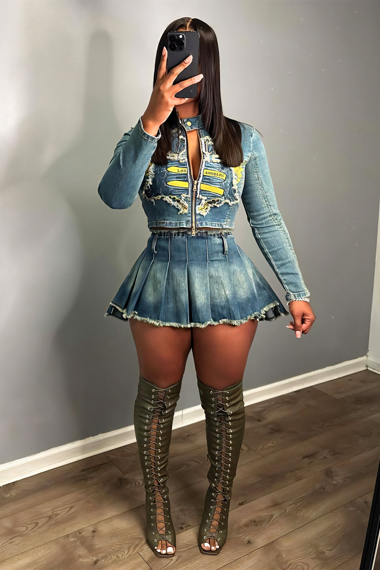 Cropped Denim Jacket & Pleated Mini Skirt Set