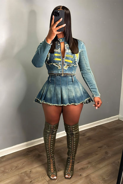 Cropped Denim Jacket & Pleated Mini Skirt Set