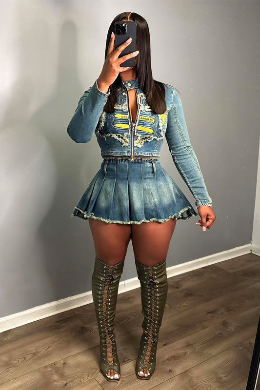 Cropped Denim Jacket & Pleated Mini Skirt Set