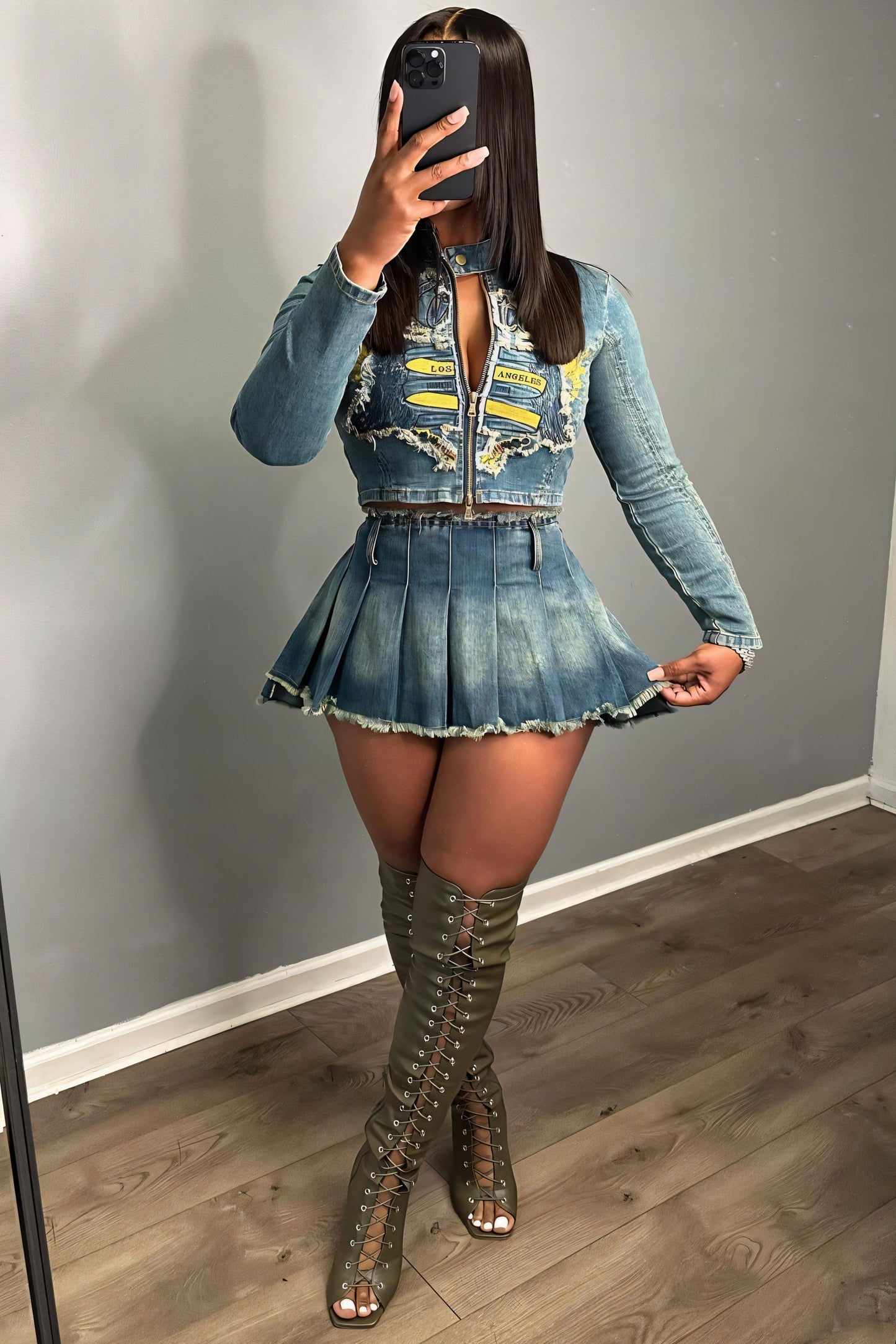Cropped Denim Jacket & Pleated Mini Skirt Set
