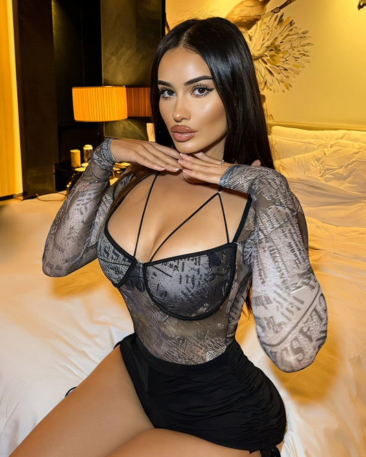 Newspaper Print Mesh Harness Bodysuit